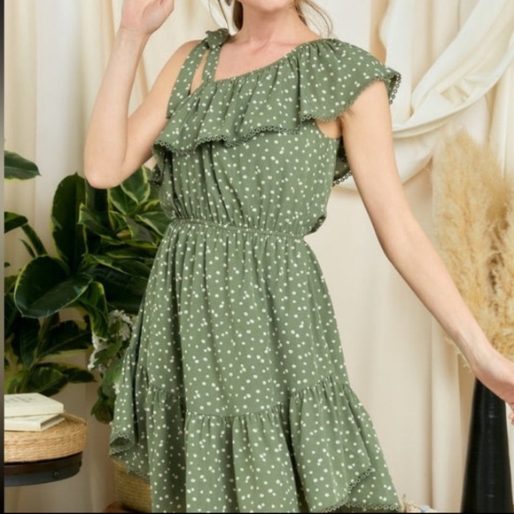 Davi Dana polka dot green one shoulder sleeveless mini dress with lace trim - Picture 3 of 10